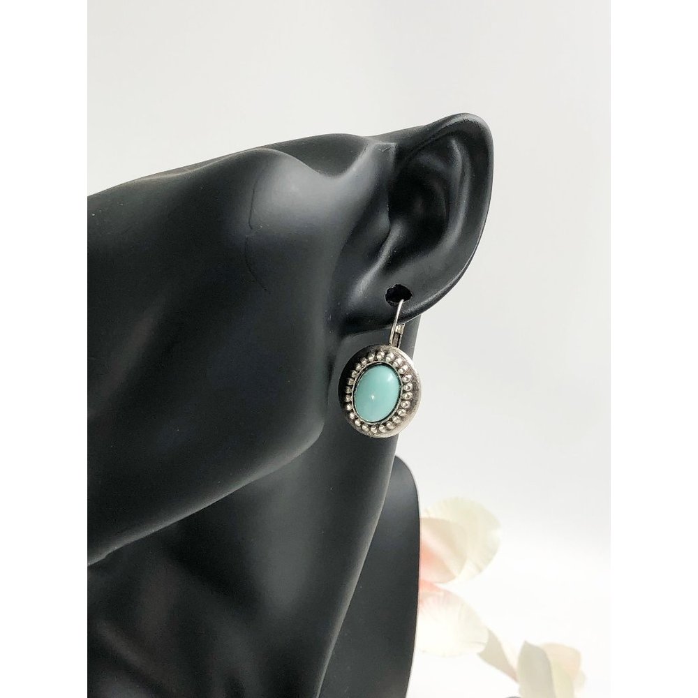 Silver Tone and Faux Turquoise Cabochon Leverback Pierced Earrings